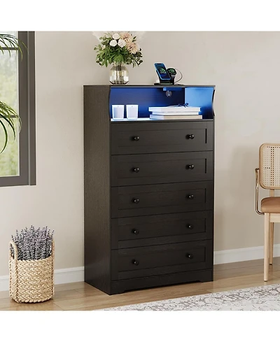 gaomon 5 Drawer Wooden Dresser for Bedroom Closet Bedside, Wood Chest of Drawers with Charging Station & Led Lights for Nursery Living Room