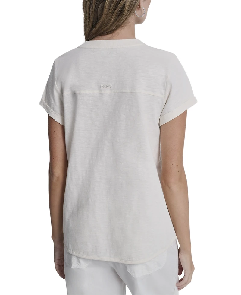 Dkny Sport Women's Embroidered Crewneck Logo Roll-Sleeve Top