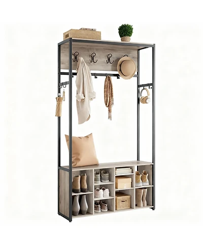 Yigii 4-in-1 Hall Tree with Bench, Adjustable Shoe Shelves, 14 Hooks, Industrial Style