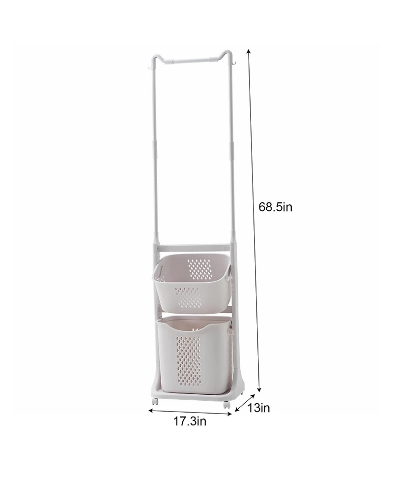 Rainsken 2-Tier Laundry Hamper Sorter, Rolling Laundry Baskets with Wheels, Removable, Stackable Laundry Cart with Hanging Bar for Small Space, Dorm