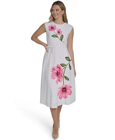 Jessica Howard Petite Extended Cap Belted Jewel Neck Midi Dress