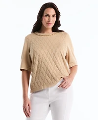 Rafaella Plus Diamond Stitch Elbow-Sleeve Crewneck Sweater
