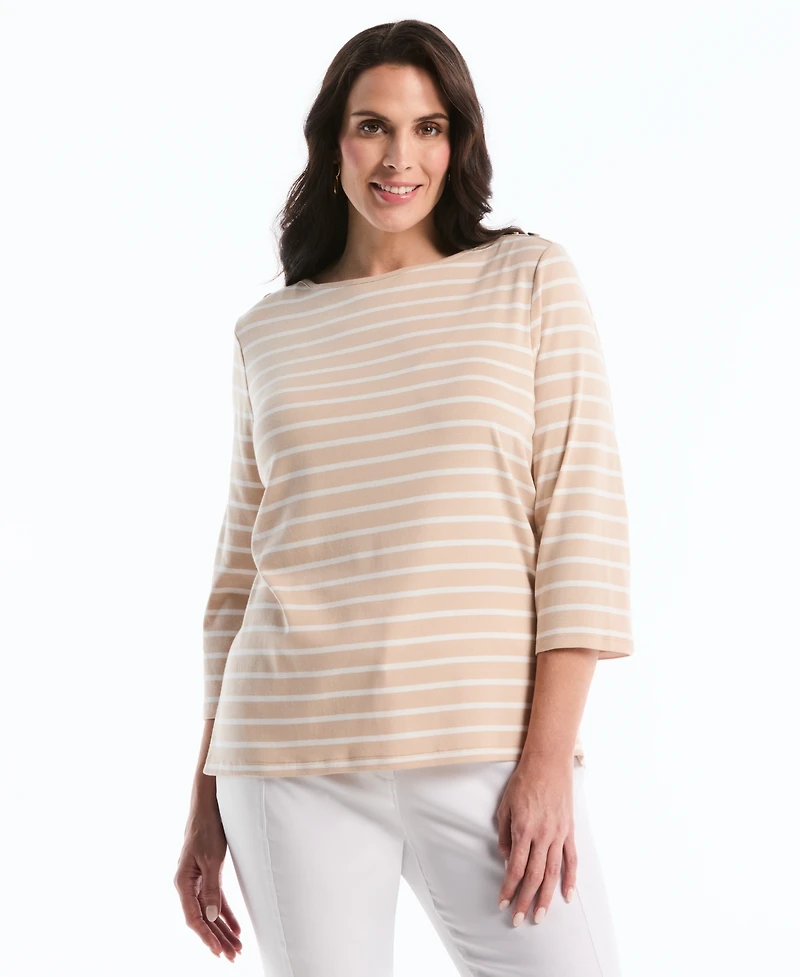 Rafaella Plus Stripe Boat Neck 3/4-Length Sleeve Top