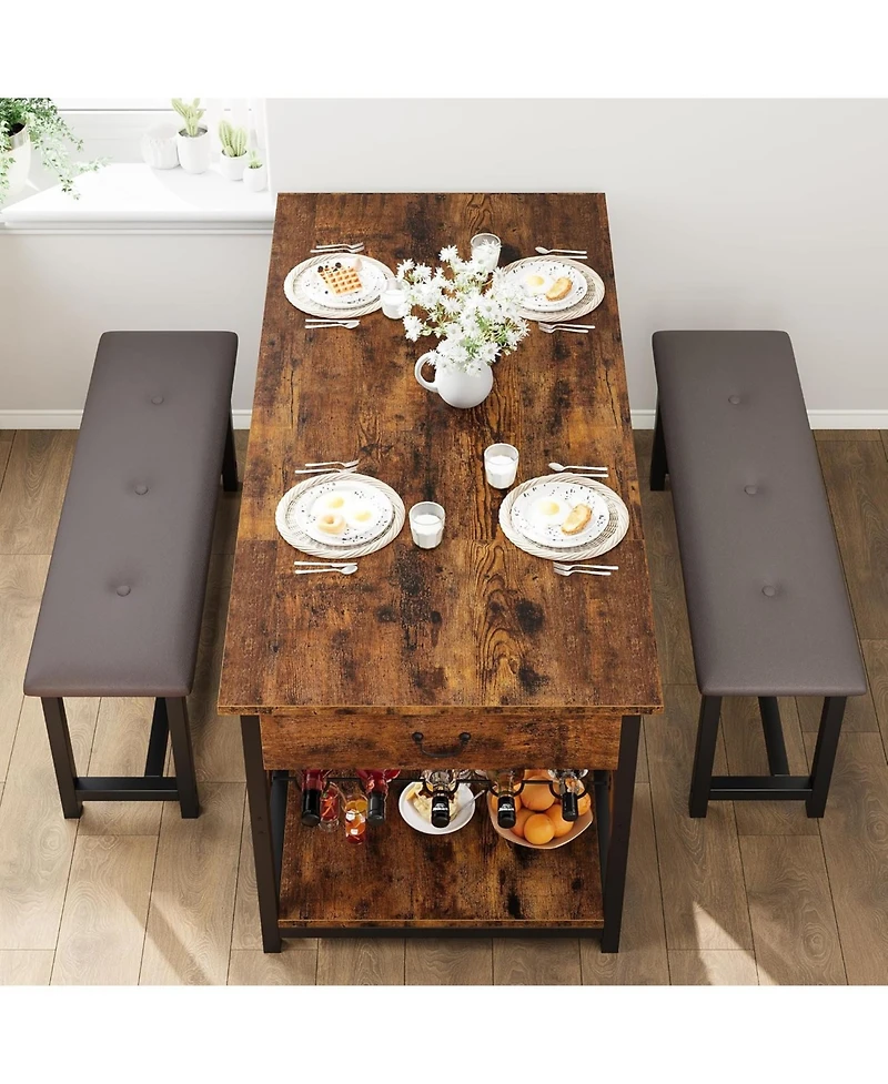 gaomon Dining Table Set for 4, Kitchen with Upholstered Benches, Room Storage Drawers