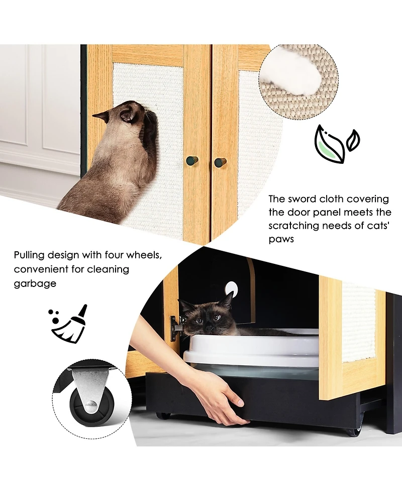 Cozito double cat litter box enclosure with rattan doors and pull out tray
