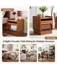 Rainsken Wooden Nightstand with Charging Station and Led lights, Mid Century Modern Bedside Table with 2 Drawers for Bedroom and Living Room (Yellow)