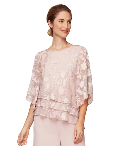 Alex Evenings Women's Burnout Asymmetrical Triple Tier Hem Boat Neck Top