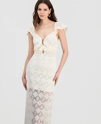 14th Place Juniors' Cap-Sleeve Crochet Midi Dress