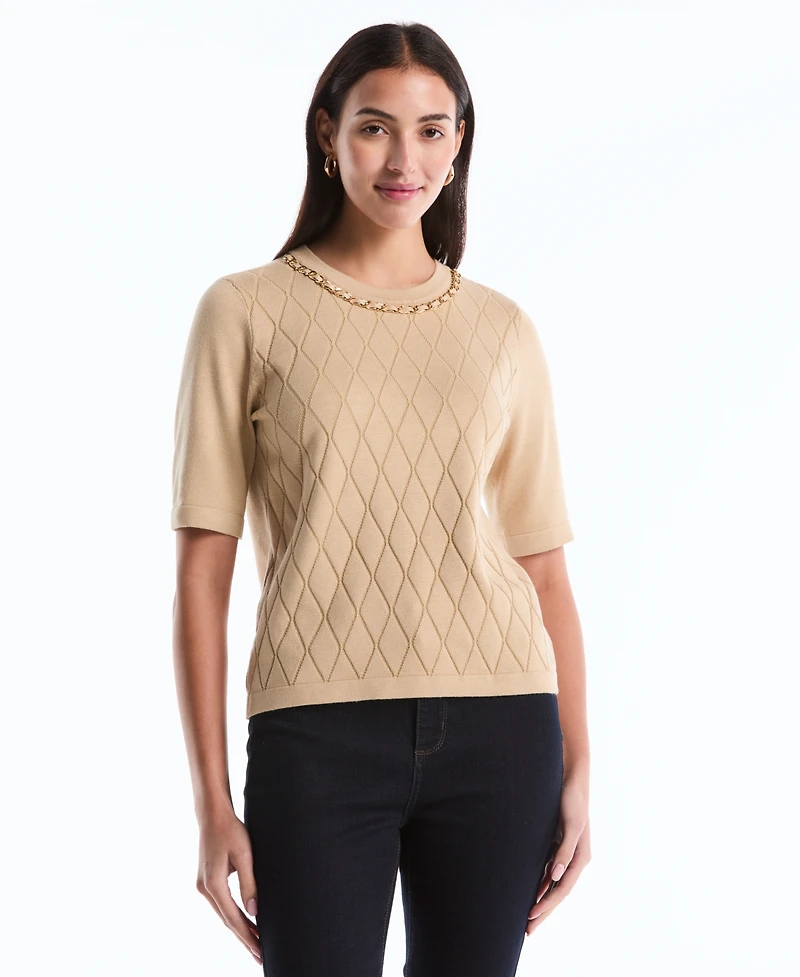 Rafaella Petite Diamond Stitch Crew Neck Sweater