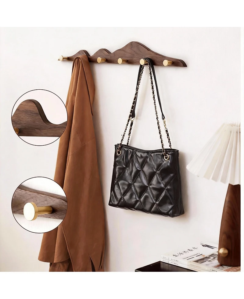 Yigii North American Walnut Decorative Wall Coat Rack with 8 Brass Hooks