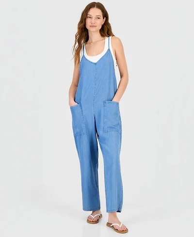 Hippie Rose Juniors' Chambray V-Neck Sleeveless Jumpsuit