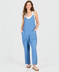 Hippie Rose Juniors' Chambray V-Neck Sleeveless Jumpsuit