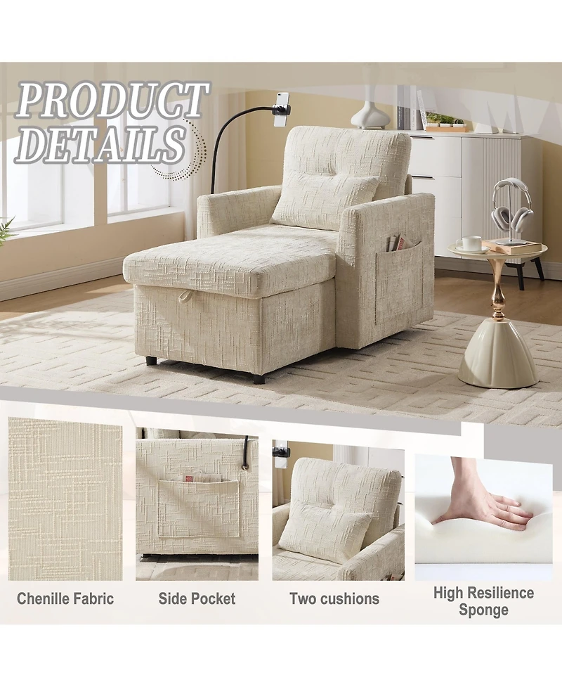 Boyel Living Multifunctional Chenille Sofa with Storage & Cell Phone Bracket, Single Sleeper Chair, Chaise Lounge Chair