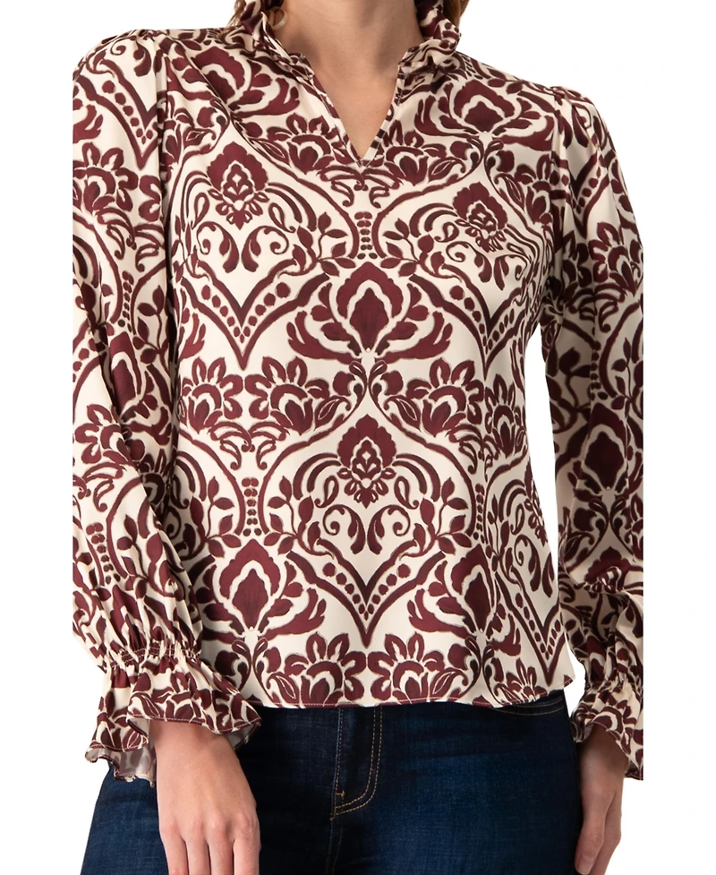 Ivonne Women's Ruffled V-Neck Abstract Blouse Top