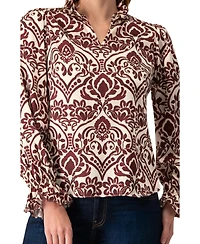 Ivonne Women's Ruffled V-Neck Abstract Blouse Top