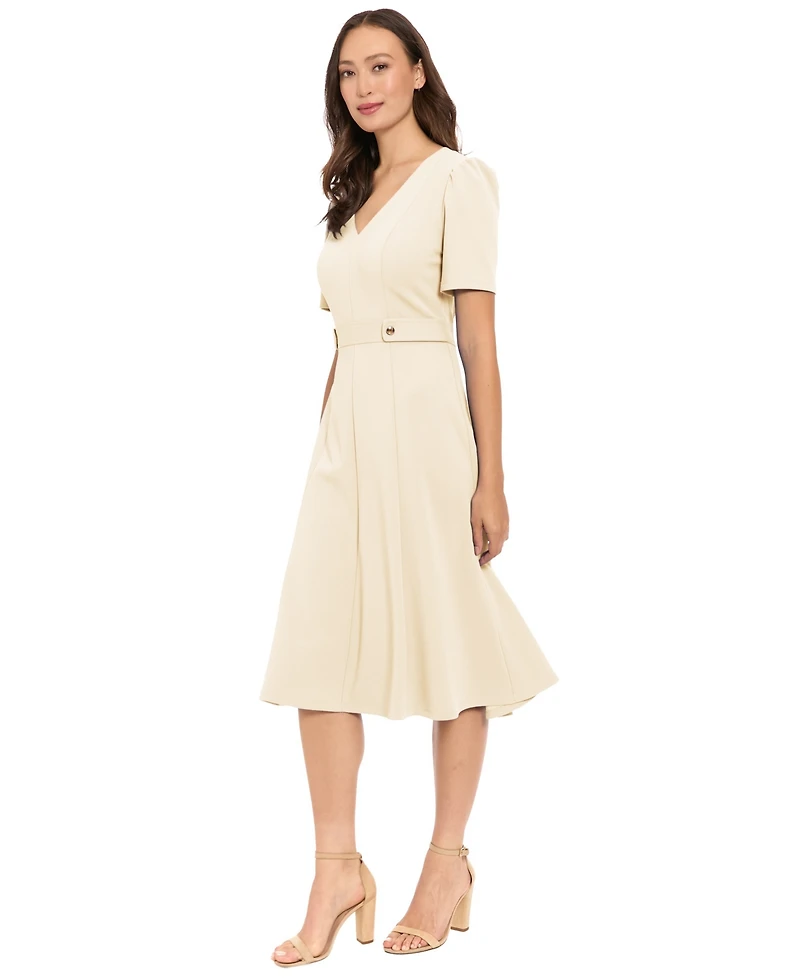 London Times Women's V-Neck Side Tab Midi Dress