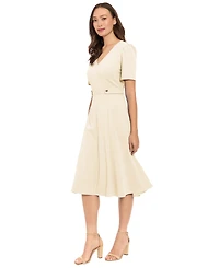 London Times Women's V-Neck Side Tab Midi Dress