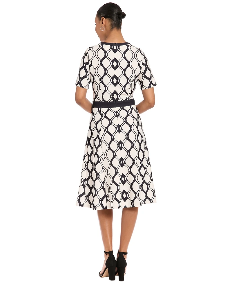 London Times Women's Geometric Print Belted Dress