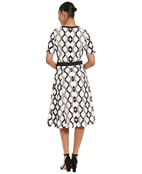 London Times Women's Geometric Print Belted Dress
