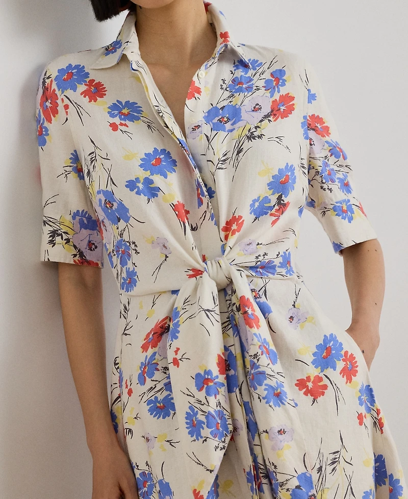 Lauren Ralph Petite Floral Print Tie-Front Shirt Dress