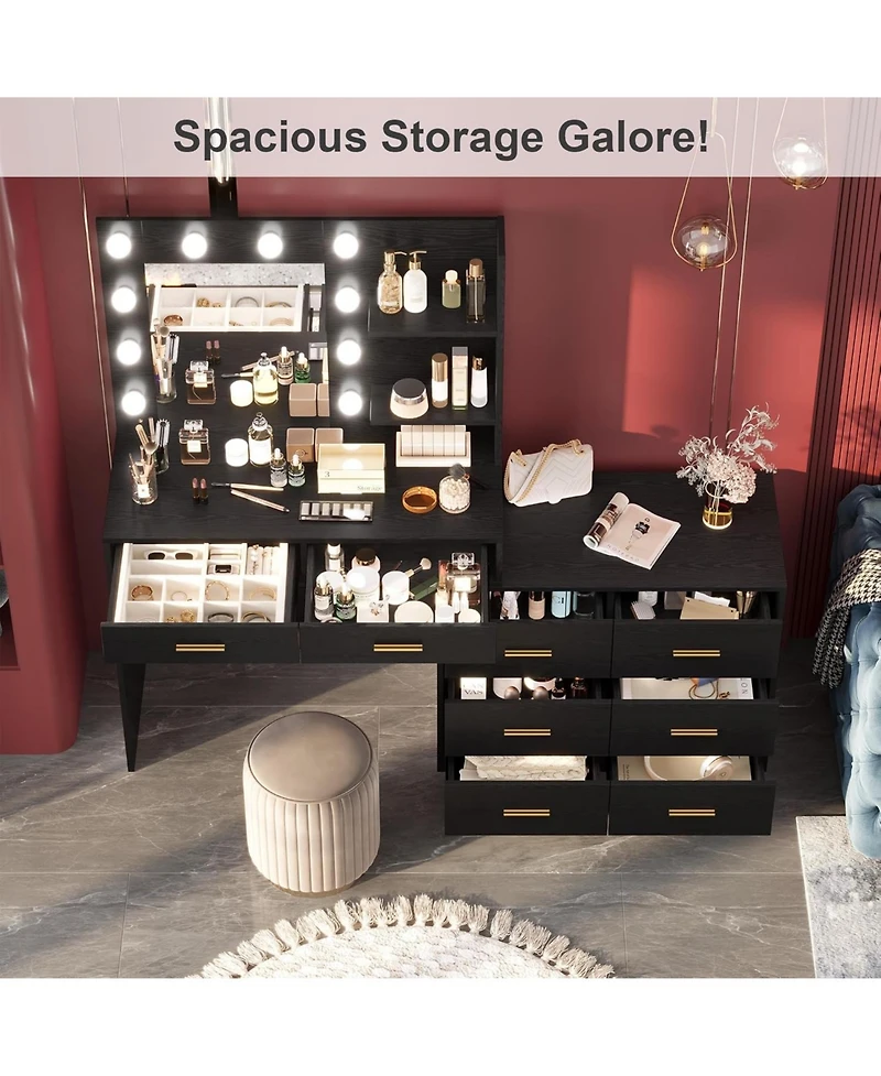 gaomon 61" Vanity Desk with Lighted Mirror, 8 Drawers & 3 Light Modes