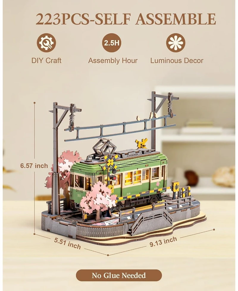 Robotime 3D Wooden Puzzles for Adults-Sakura Journey Tram, Model Car Kits Building Set for Adults, Diy Hobby Craft Kits Creative Gift
