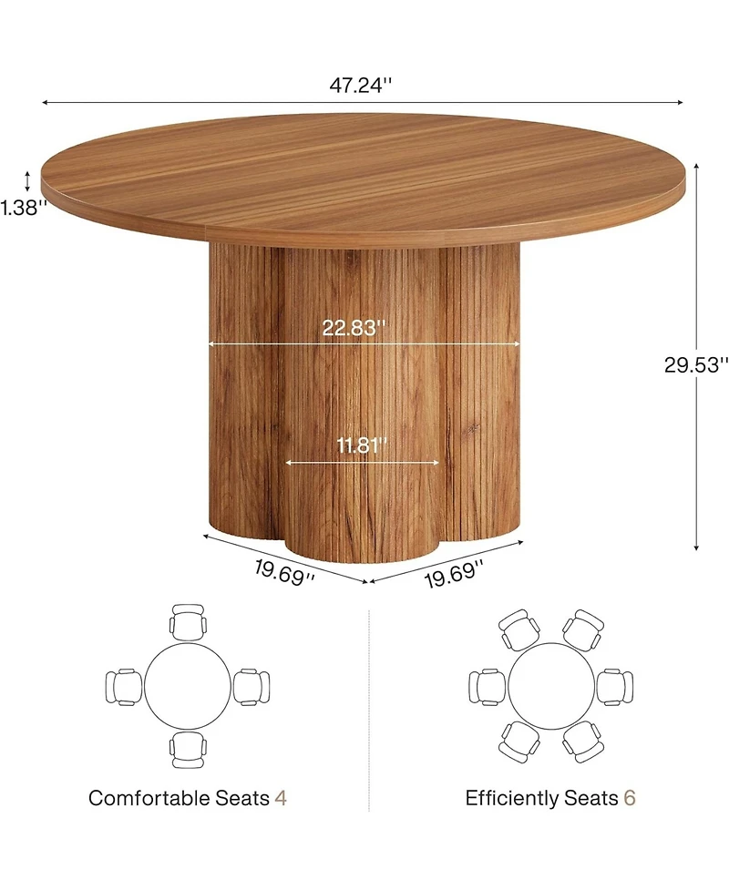 Tribesigns 47 Inch Round Dining Table for 4-6, Farmhouse Fluted Kitchen Dining Room Table Circle Table with Sturdy Pedestal Base