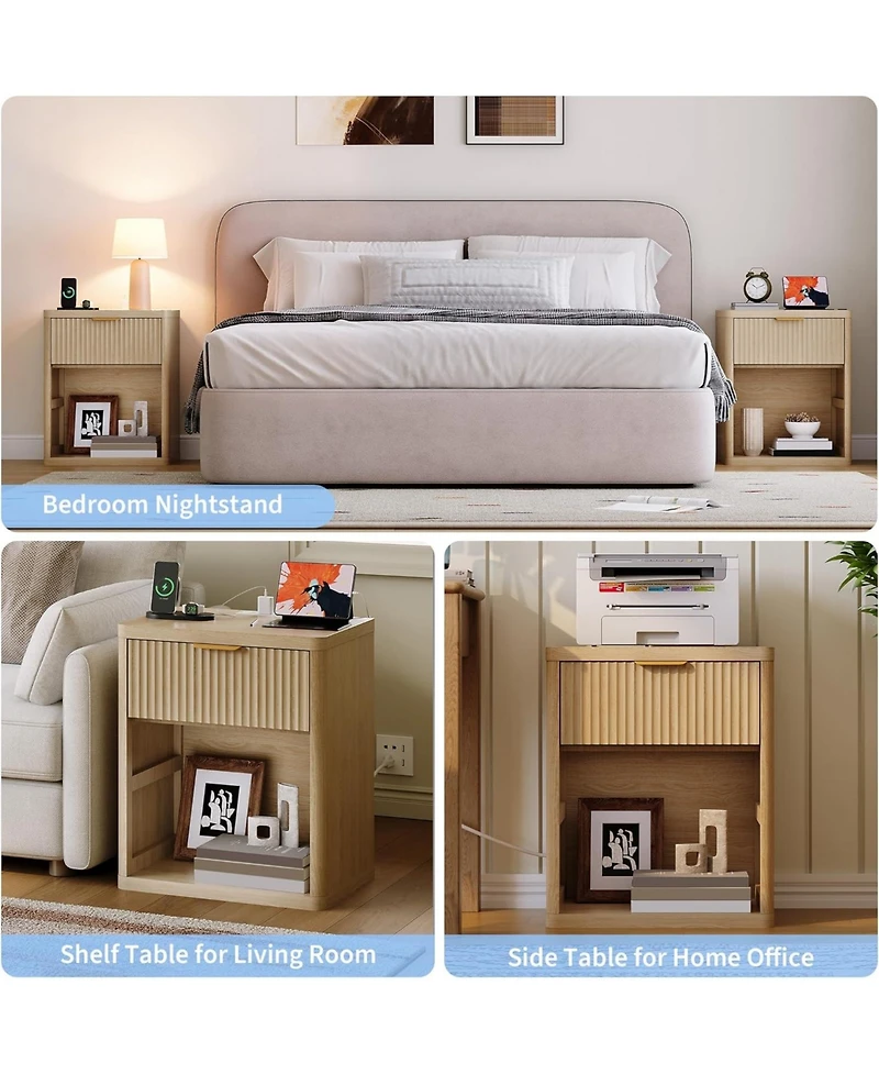 gaomon 1 Pcs Fluted Nightstand,Mid Century Bedside Table,Wooden End Table,Farmhouse Night Stand with 1 Drawer,Open Shelf