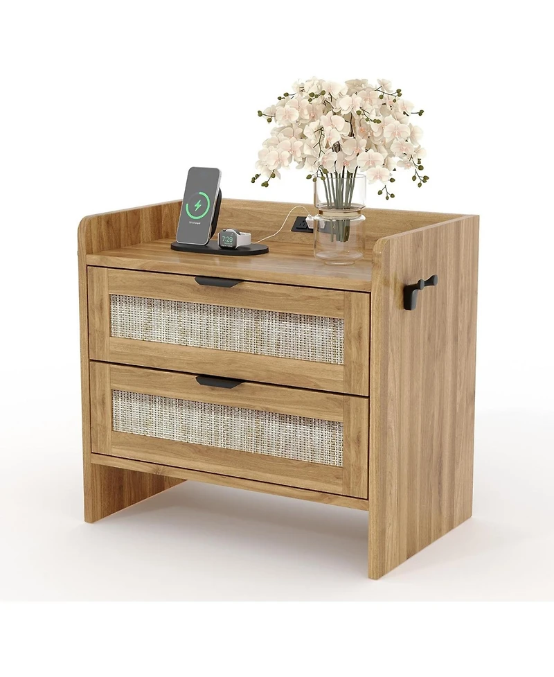 gaomon Boho Rattan Bedside Table with Type-c Charging Station