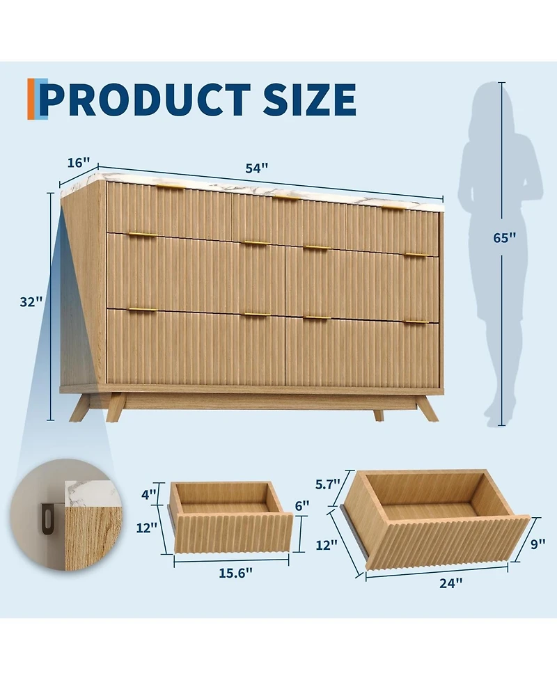 gaomon Modern Fluted Dresser with 7 Drawers, 54" Wide Chest of Drawers