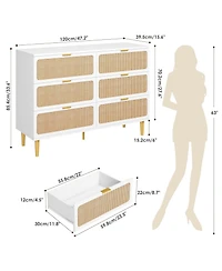 Gaomon Rattan 6 Drawer Dresser, Tall Modern Wooden Chest with Deep Storage & Wide Top for Bedroom or Closet