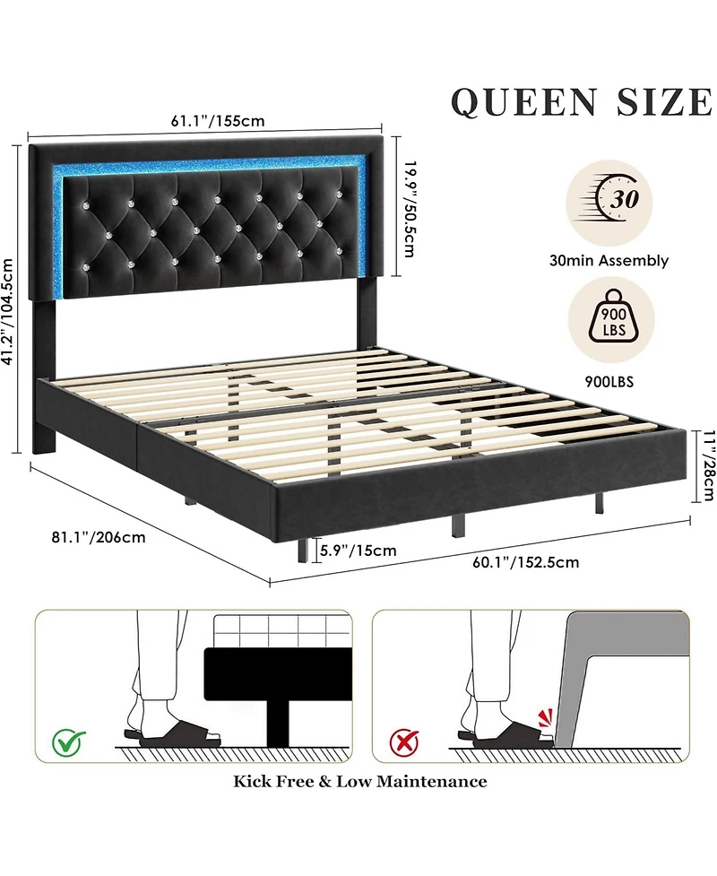gaomon Size Floating Platform Bed Frame with Smart Led Lights, Upholstered Diamond Headboard, Wood Slat Support, No Box Spring Needed