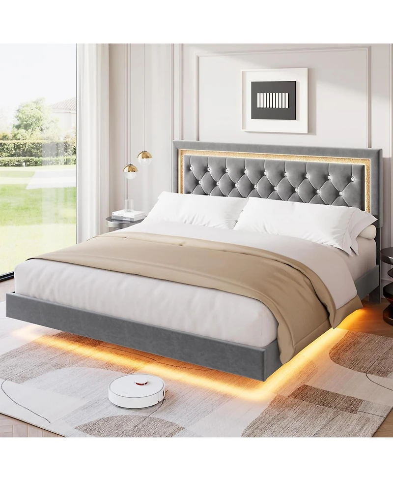 gaomon Floating Platform Bed Frame with Smart Led Lights, Upholstered Diamond Headboard, Wood Slat Support