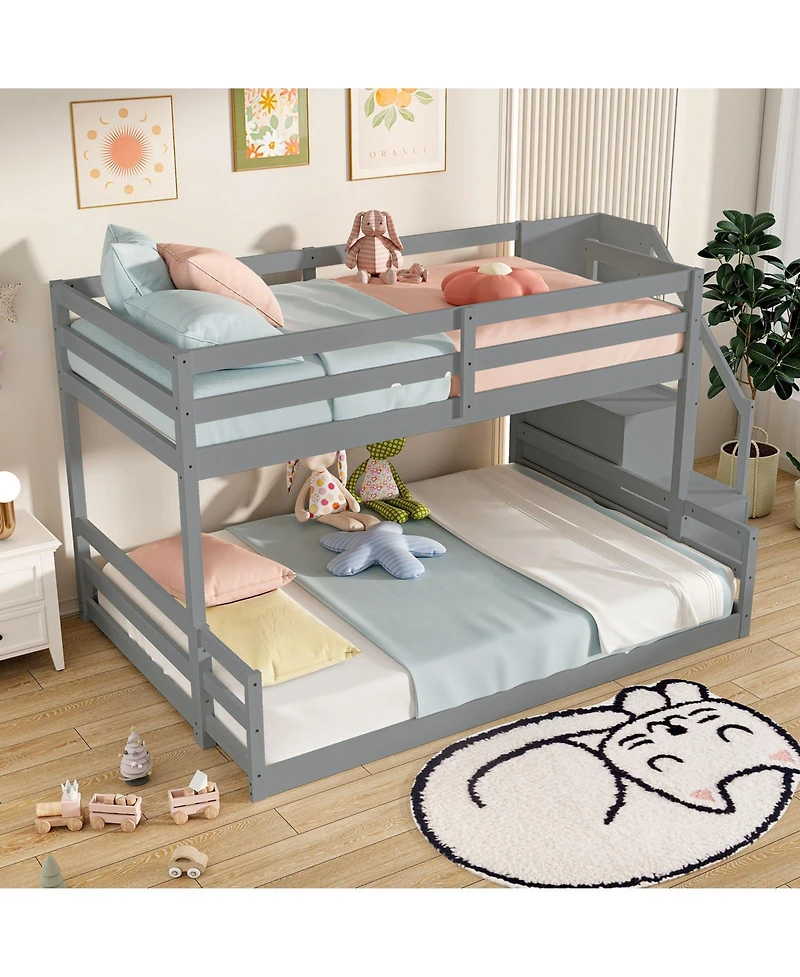 Solid Wood Twin-Over-Full Bunk Bed with Stair Storage