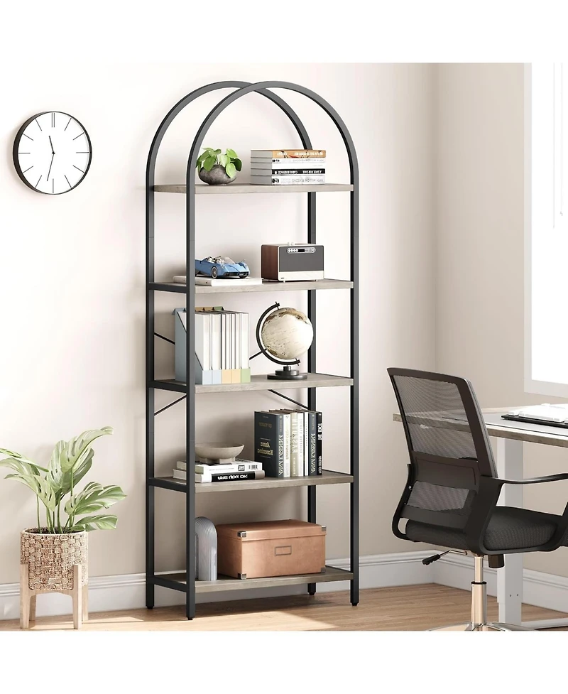 Gaomon Arched 5-Tier Modern Bookshelf, Gold Metal Frame Tall Wood Storage Shelf for Living Room Bedroom