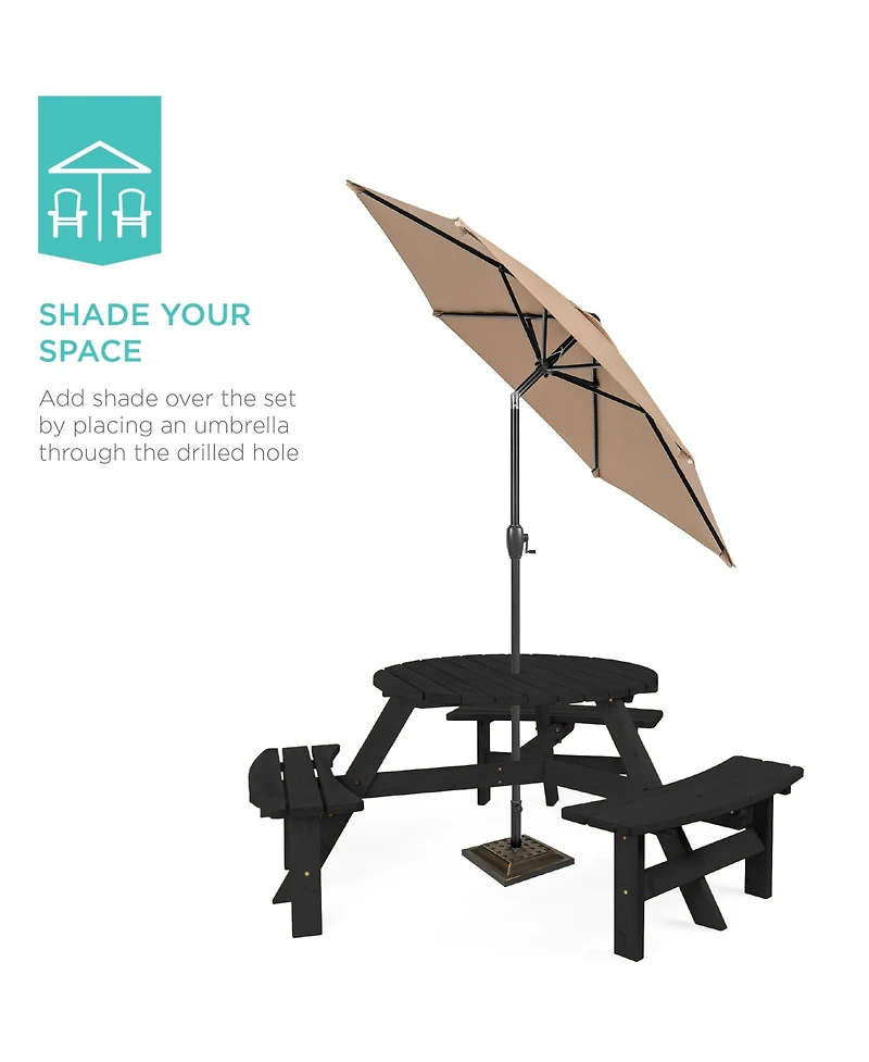 Best Choice Products 6-Person Circular Outdoor Wooden Picnic Table w/ 3 Built-In Benches, Umbrella Hole