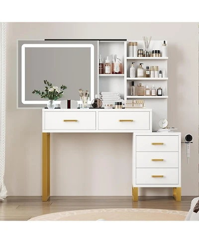 Gaomon Vanity Desk with Mirror, Led Lights and Power Outlet, Makeup Vanity Table with 5 Drawers and 3 Storage Shelves