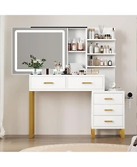 Gaomon Vanity Desk with Mirror, Led Lights and Power Outlet, Makeup Vanity Table with 5 Drawers and 3 Storage Shelves