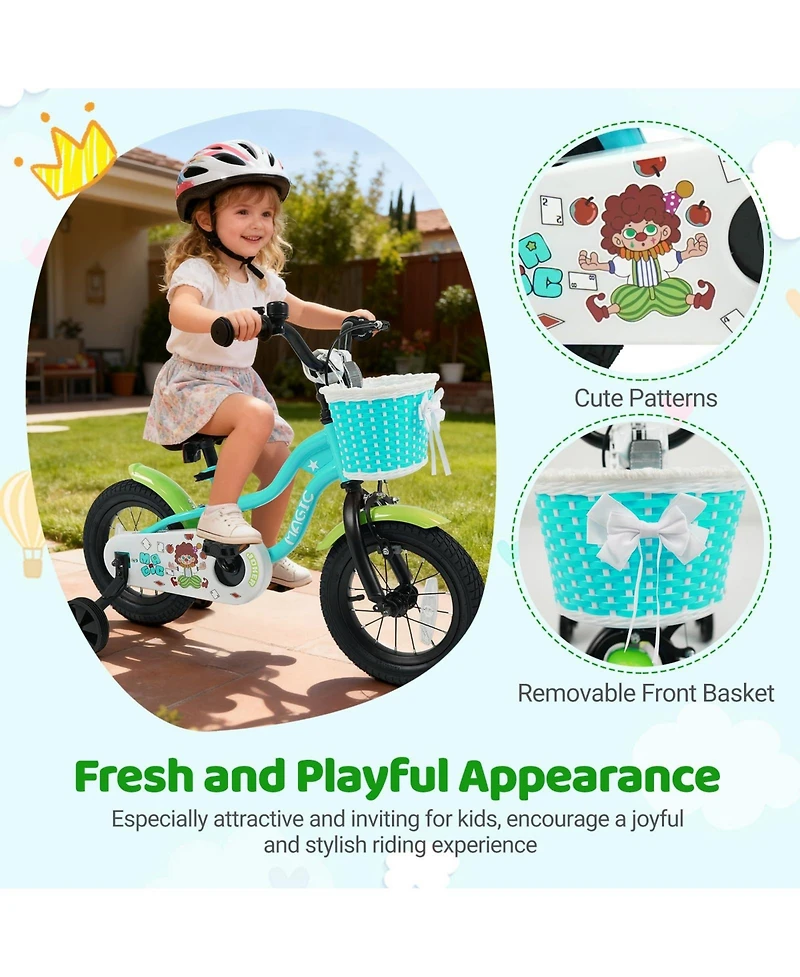Mecale 12 Inch Kids Bike with Training Wheels and Basket Green Color-12