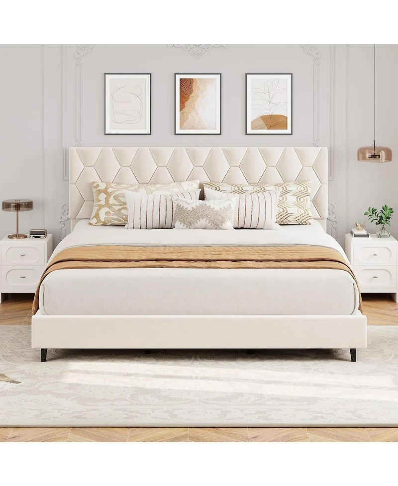 gaomon Platform Bed Frame with Upholstered Headboard, Wood Slats, No Box Spring Needed, Easy Assembly