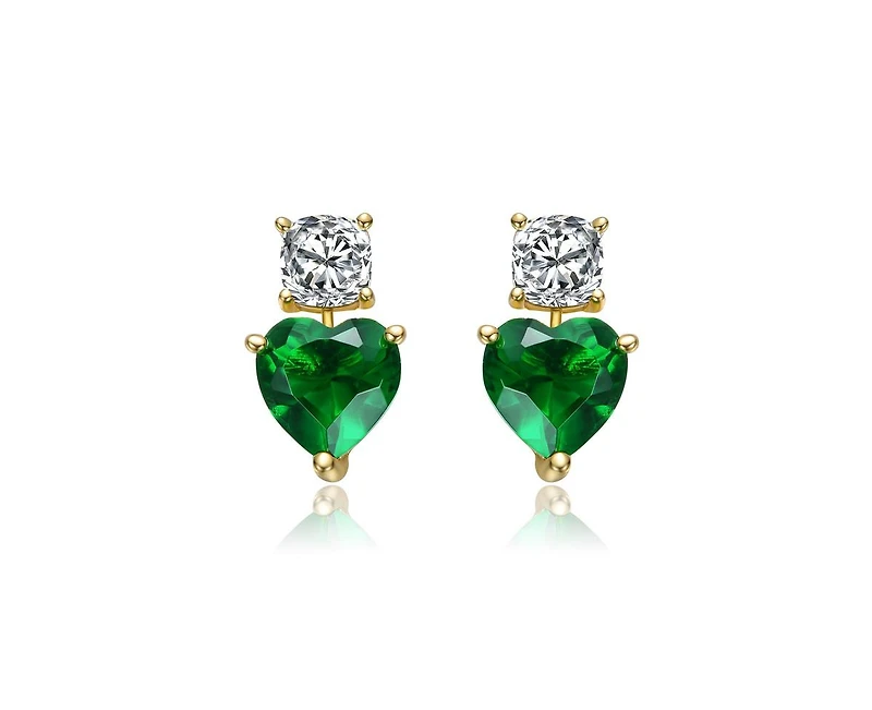 Sterling Silver 14K Gold Plated with Cubic Zirconia Two-Stone Heart Earrings