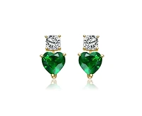 Sterling Silver 14K Gold Plated with Cubic Zirconia Two-Stone Heart Earrings