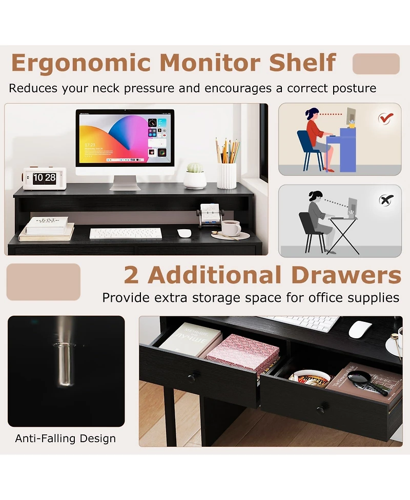 Mecale Extendable Rolling Computer Desk with 2 Drawers, Convertible Home Office Writing Desk