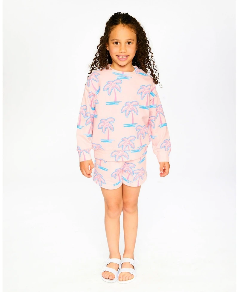 Deux par Toddler Girls French Terry Sweatshirt Light Pink Palm Print