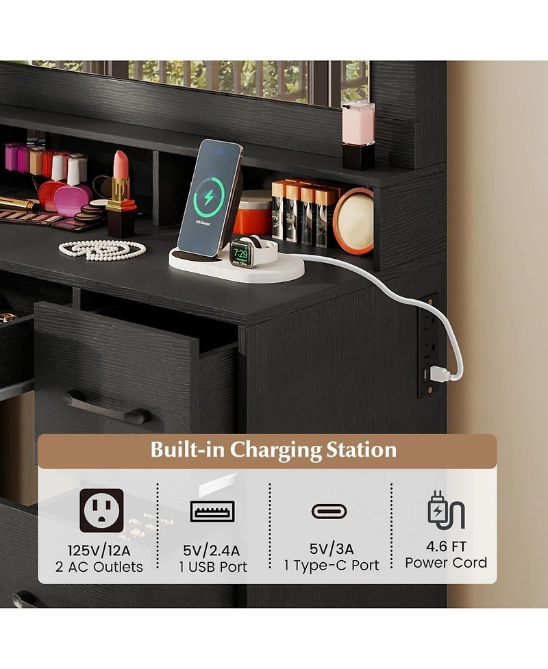 Volenca Makeup Vanity Table with Mirror and Lights, Power Outlets, Bedroom Dressing Desk