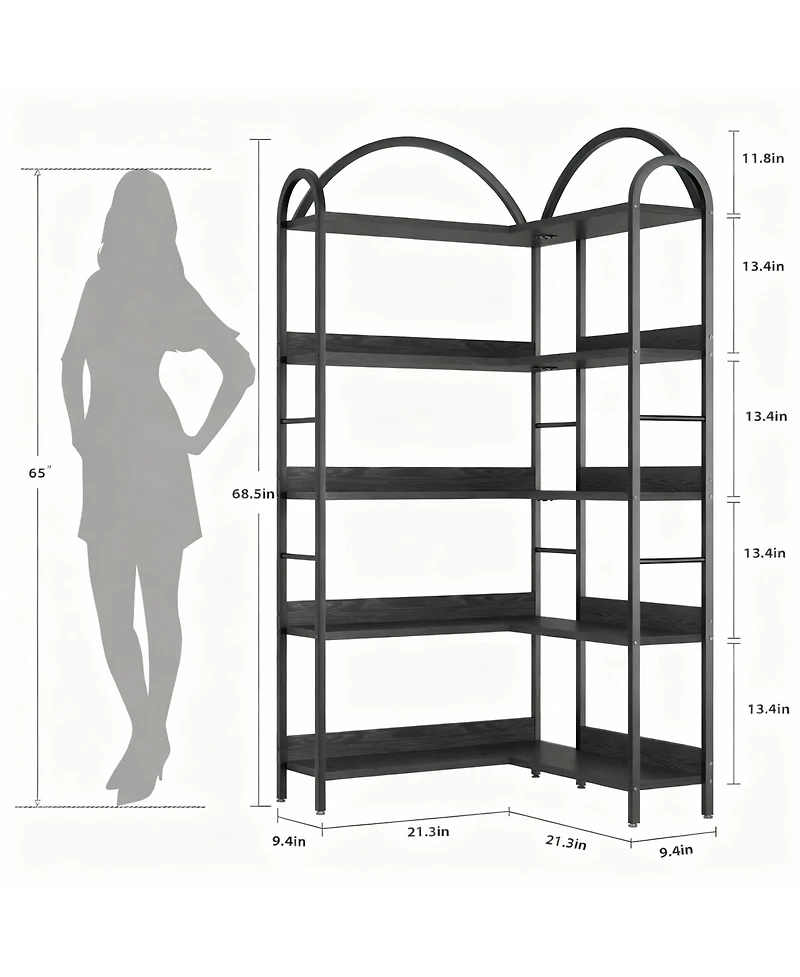 Yigii 5-Tier Storage Bookshelf, Corner Design, Edge Protection, Stable, Easy Assembly-Metal Frame for Living Room, Bedroom, Office
