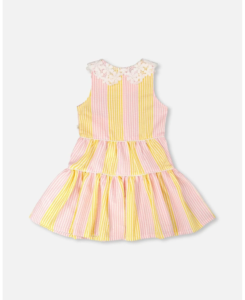 Deux par Deux Toddler Girls Sleeveless Dress with Crochet Peter Pan Collar Pink and Yellow Stripes