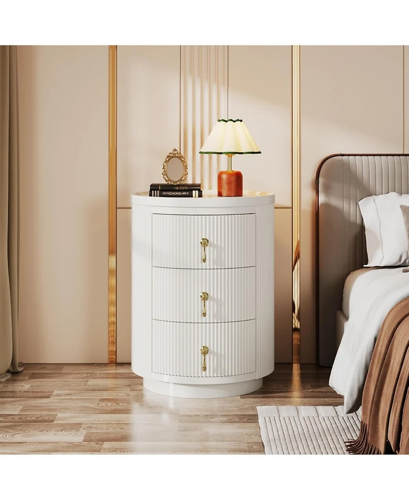 Tribesigns 3 Drawers Nightstand Set of 2, No Assembly Bedside Table Night Stand for Bedroom, Small Round End Side Table with Storage and Gold Handles