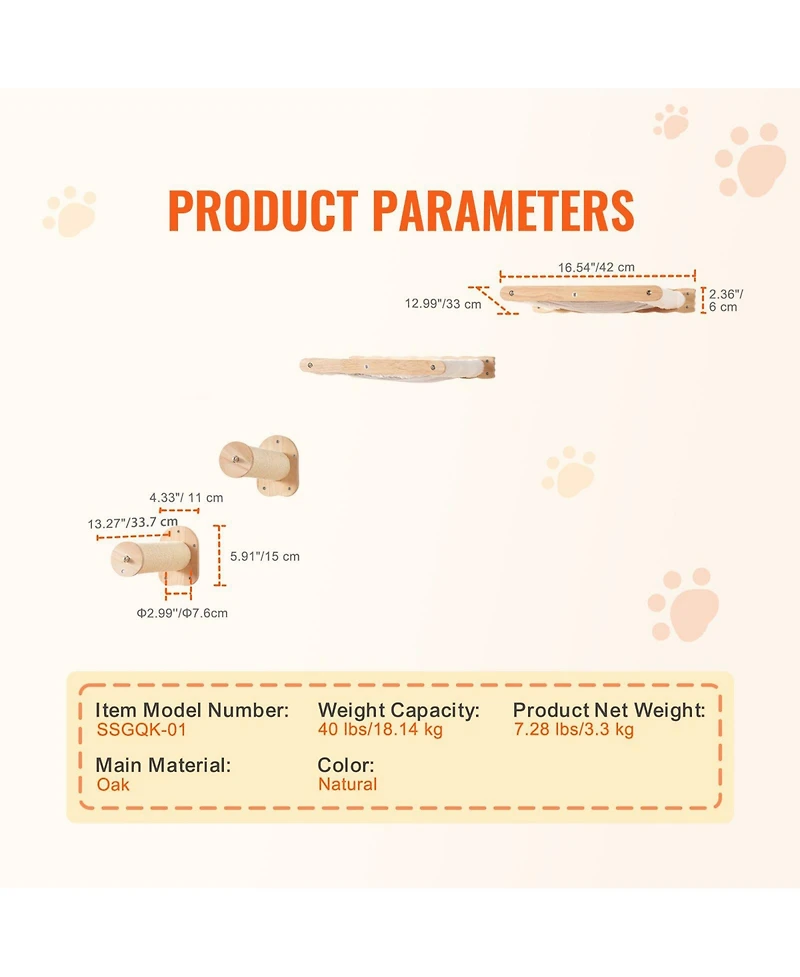 Cozito Wall-Mounted Cat Shelf Set with 2 Posts & 2 Hammocks