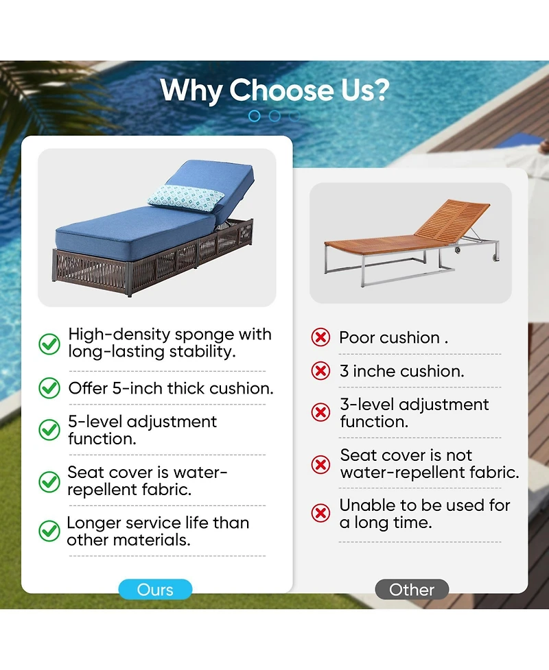 Gymojoy Brown 3-Piece Wicker Outdoor Chaise Lounge with 5 In. Thick Olefin Cushions Patio Chair for Balcony